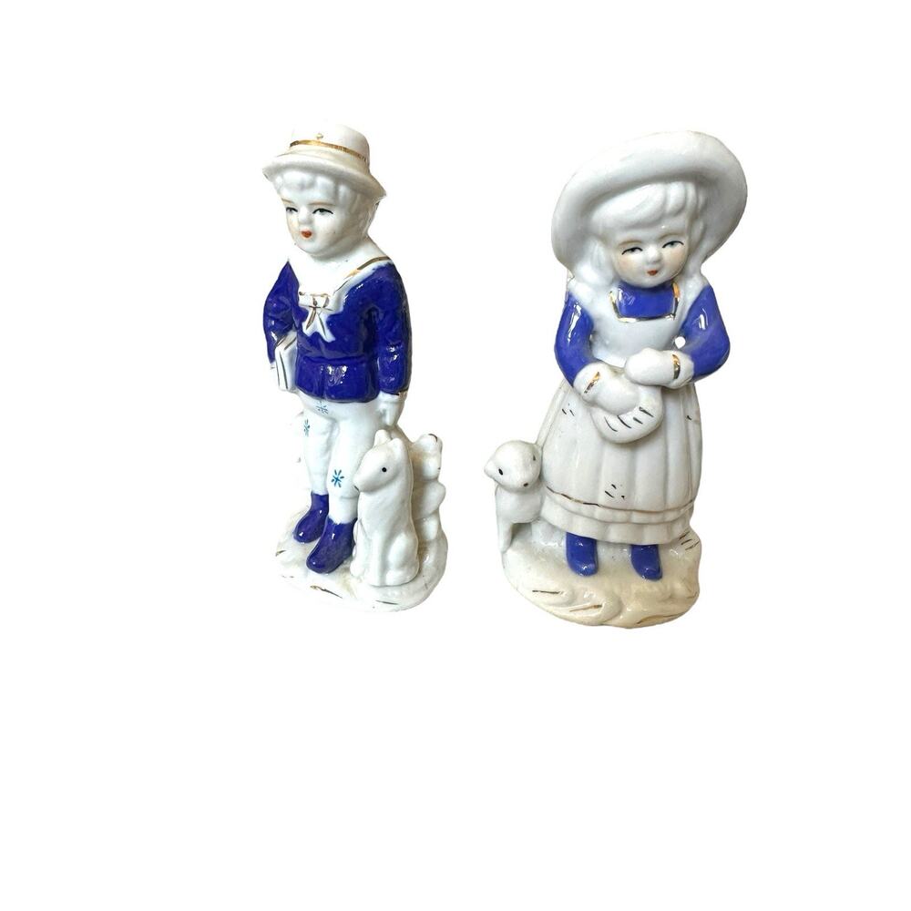 Figurines Boy And Girl With Cat And Dog Porcelain Blue and White With Gold Trim